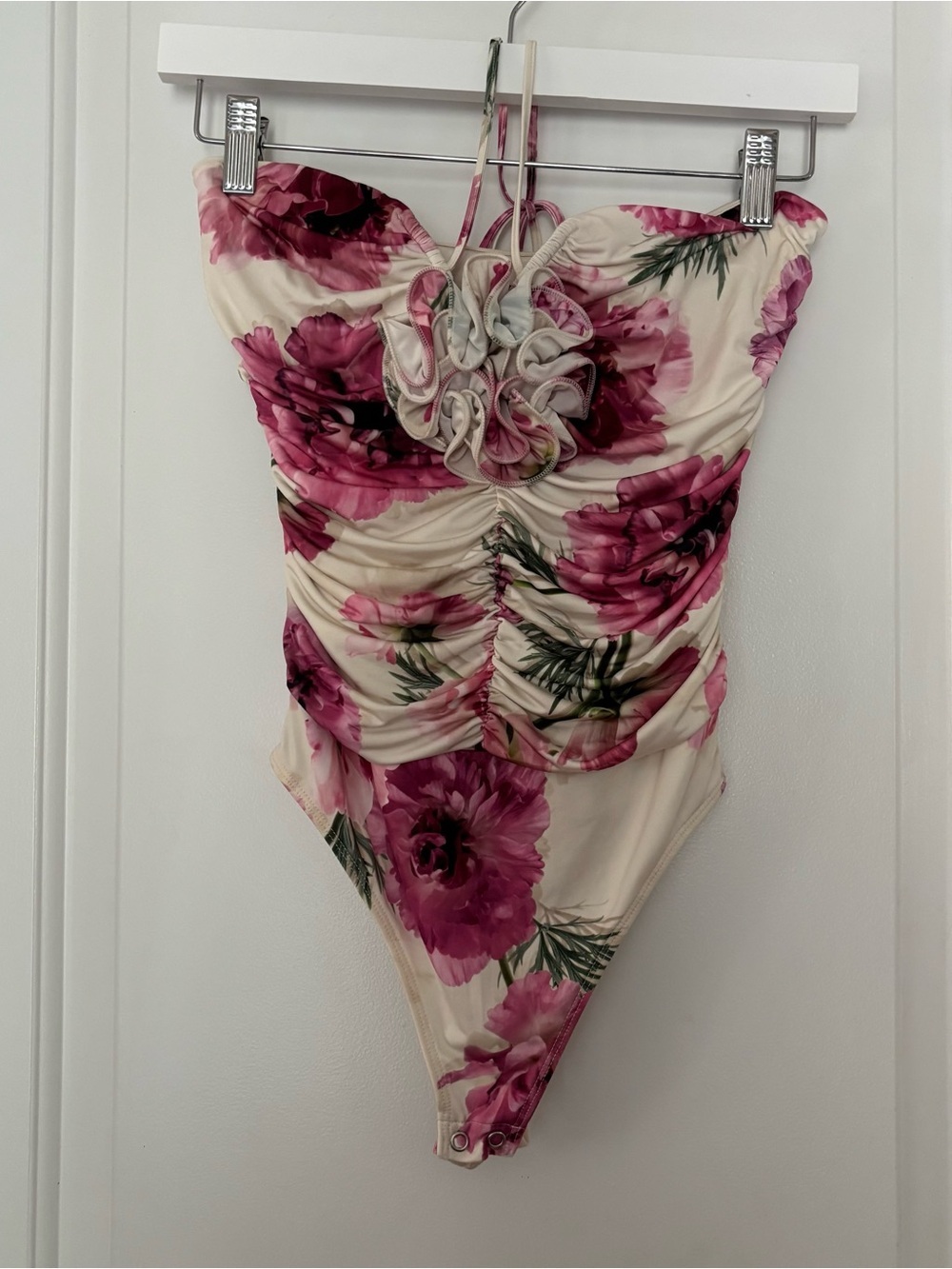 Express floral bodysuit XS ruched bodice with rosette Cottagecore feminine - Picture 4 of 8